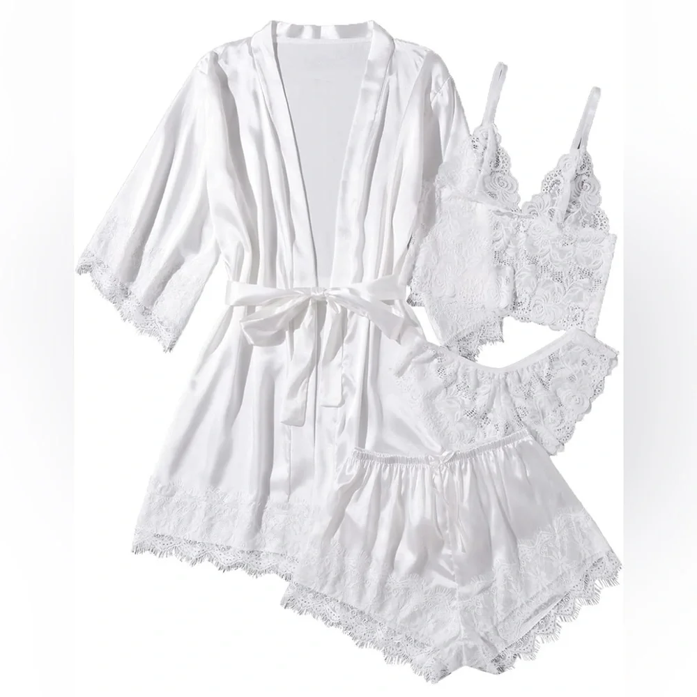 Women' White Silk Satin Pajamas Set 4pcs Lingerie with Robe - Picture 1 of 7